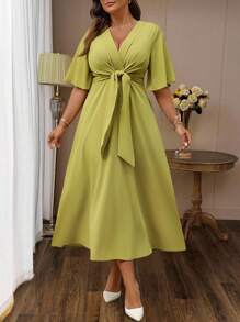 Auvina Plus Size Women's Elegant Cross V-Neck Ruffle Sleeve Tie-Waist Dress For Summer Daily Wear - Green - View 1