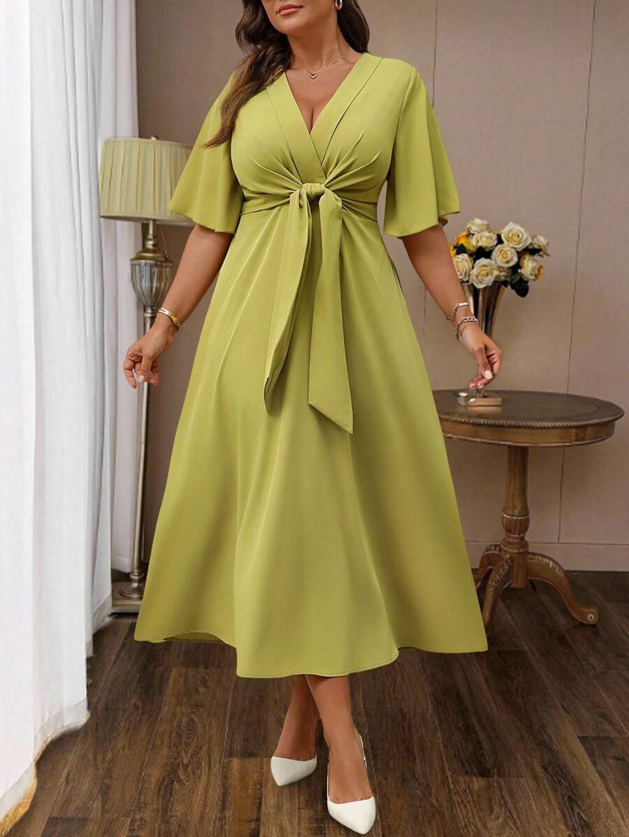 Auvina Plus Size Women's Elegant Cross V-Neck Ruffle Sleeve Tie-Waist Dress For Summer Daily Wear - Green - View 1