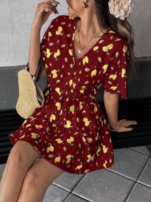 SHEIN Unity Beach Vacation Style Lemon Print Cinched Waist Versatile Dress Summer Dress Clothes For University - Burgundy - View 3