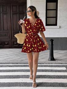 SHEIN Unity Beach Vacation Style Lemon Print Cinched Waist Versatile Dress Summer Dress Clothes For University - Burgundy - View 6