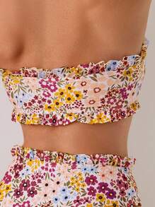 Swim Mod 2pcs/Set Ditsy Floral Ruffle Bandeau Swimwear, Popular For Beach & Summer - Multicolor - View 4
