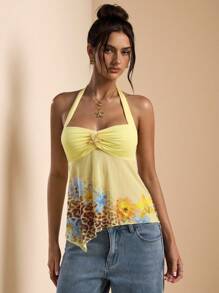 SHEIN BAE Áo crop top cổ yếm in hoa, họa tiết da báo, màu vàng trơn mùa xuân/hè, trang phục đi nghỉ, áo crop top màu vàng/hoa - Màu vàng - Xem 1