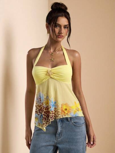 SHEIN BAE Spring/Summer Solid Yellow, Leopard Print, Floral Printed Halter Neck Camisole Crop Top, Vacation Wear, Yellow/Floral Camisole