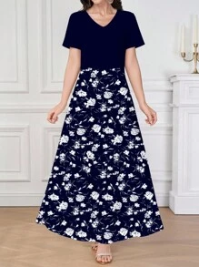 Seusyu Granatowa elegancka letnia dzianinowa sukienka z krótkim rękawem i dekoltem w serek, może być noszona jako odzież wierzchnia lub jako podkoszulek/sukienka do pracy, vintage delikatny wzór z drobnymi kwiatami, piękna i elegancka, odpowiednia na randki, wakacje, codzienne, codzienne, imprezy, festiwale, sukienki, letnia długa sukienka damska, zwiewna sukienka, sukienka w kwiaty, sukienka vintage/sukienka maxi w kwiaty, niebiesko-biała sukienka maxi w kwiaty, granatowa sukienka maxi, długa sukienka w kwiaty, niebieska sukienka maxi w kwiaty, damska sukienka maxi - Granatowy - Zobacz 4