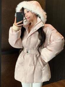 DAZY 冬季休闲毛领宽松女士夹棉大衣 - 杏色 - 查看 7