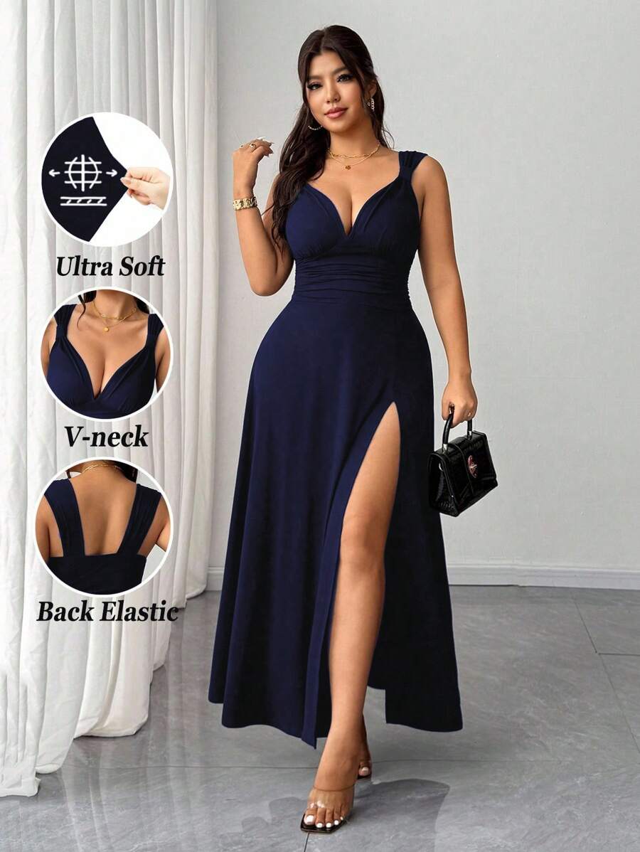 Elenzga Đầm dự tiệc cocktail cổ chữ V màu trơn, xẻ tà cao, co giãn, thiết kế thời trang đa năng, phong cách 2025 dành cho nữ cỡ lớn - Màu xanh hải quân - Xem 1