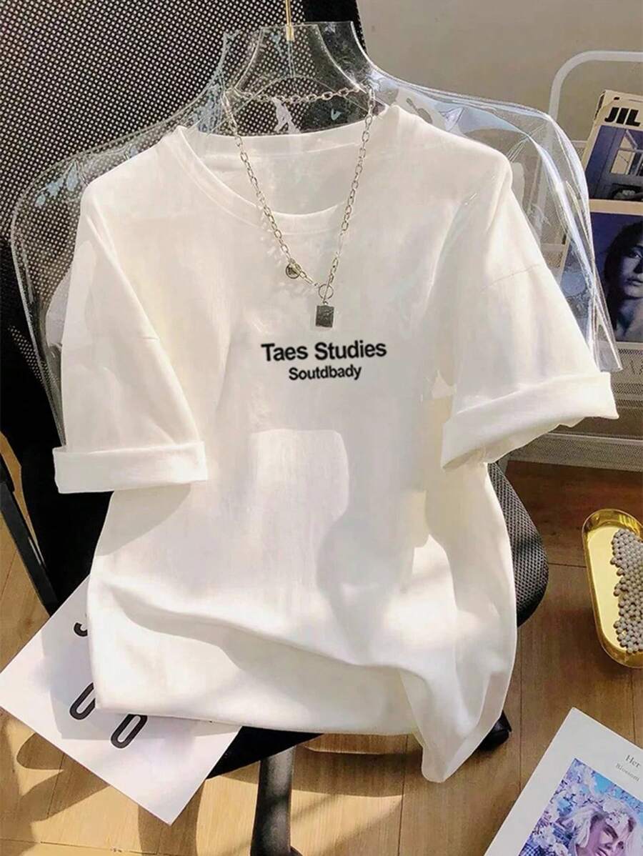 SHEIN Camiseta de mujer de manga corta, cuello redondo, lisa, minimalista y de moda, apropiada para el verano - Multicolor - Ver 1