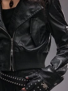 ROMWE EDITION Zipper Decor Deconstructed Hollow-Out PU Leather High Waist Super Short Motorcycle Jacket For Women - Black - View 9
