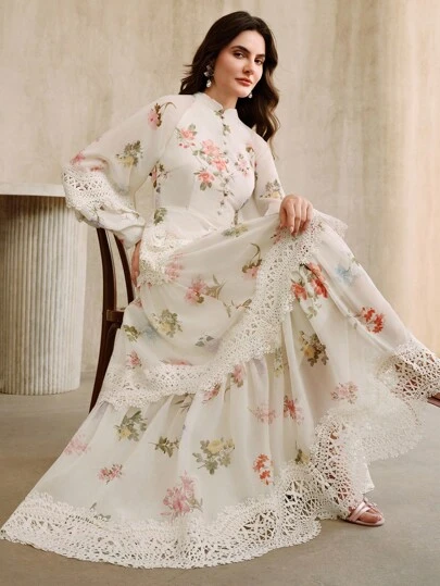 Anewsta Petite Nuevo vestido elegante y grácil para mujer con mangas largas acampanadas, estampado digital de encaje soluble en agua y diseño de empalme elegante