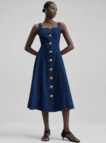 Ontre 2025 秋冬女装，秋冬女装时尚，返校季，万圣节，圣诞节，商务休闲，复古端庄优雅百搭基础款，纳什维尔服饰，方领单排扣无袖牛仔连衣裙 - 深色水洗藍 - 查看 6