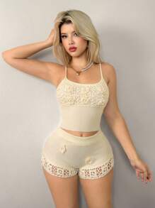 Sweetina Conjunto de camiseta y pantalones cortos de crochet floral hecho a mano en color albaricoque, dulce y sensual - Albaricoque - Ver 3