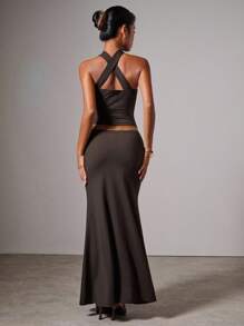 COSMINA Women's Elegant Fitted Knit Halter Neck 2 Pieces Set - Brown - View 2