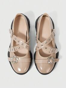 ROMWE Grunge Punk Women's Chunky Mary Jane Shoes, Round Toe Functional Ballet Sneakers, PU Material, Khaki Color With Buckle Design, Suitable For Sports, Graduation, Photography - Khaki - View 1