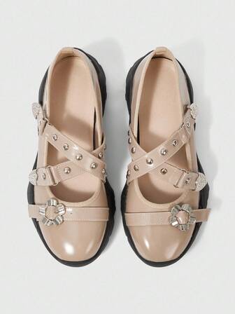 Grunge Punk Damen Klobige Mary Jane Schuhe, Ballerina Sneaker mit rundem Zehenbereich, PU Material, khakifarben mit Schnallenverzierung, geeignet für Sport, Abschluss, Fotografie