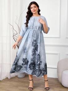Modelyn 大码女式休闲度假风格植物印花抽绳腰部七分袖长裙，春夏秋季 - 彩色 - 查看 4