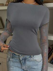 CovetEZ Women's Casual Gray Knit Lace Patchwork 2 In 1 Long Sleeve Top - Grey - View 4