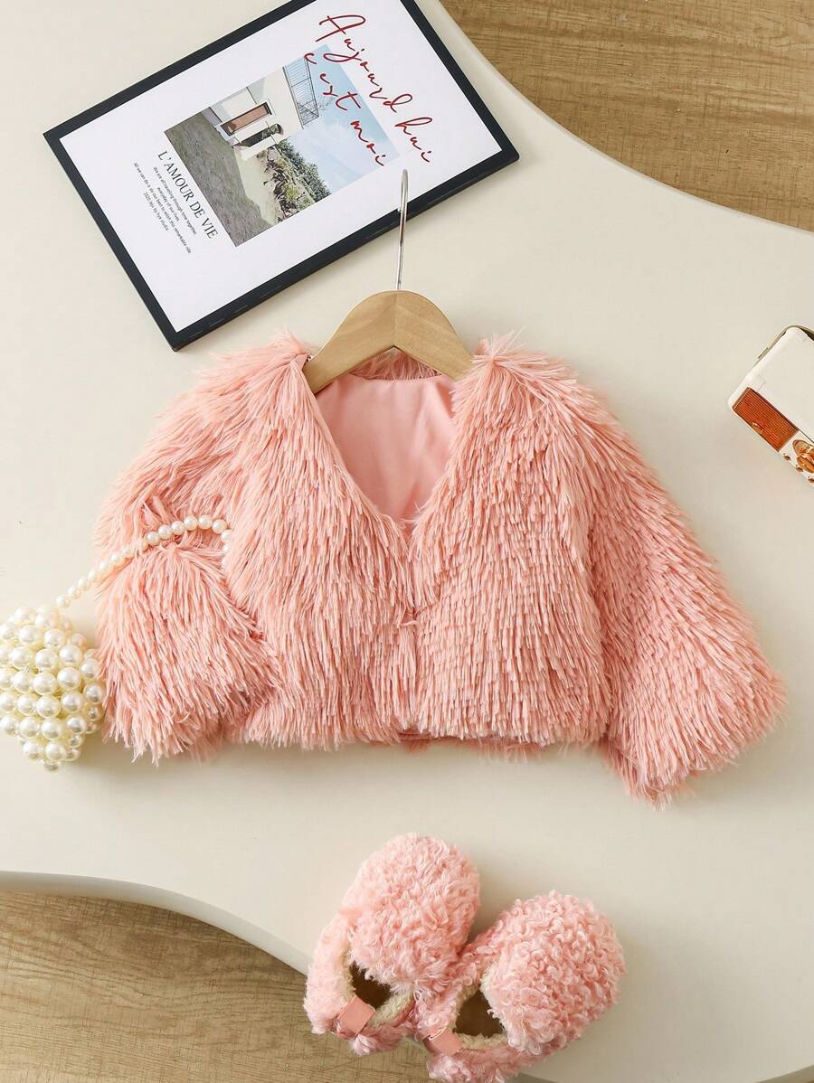 SHEIN Elladie kids 女宝宝简约纯色毛绒短外套，适合秋冬季户外穿着 - 珊瑚粉 - 查看 1