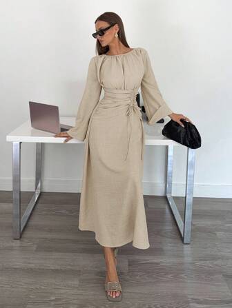  Siren Gaze Women's Brown Round Neck Bell Sleeve Waist Tie Elegant Dress, Back To School Outfit, Country Concert Outfit, Business Casual Women's Outfit, Women's Teacher Outfit, Women's Date Night Outfit, Birthday Outfit, Women's Brunch Outfit, Western Outfit, Business Casual Women's Outfit Siren Gaze New Women's Fashion Striped Ruched Waist Dress Brown Dress Winter Party Chic Evening Dress