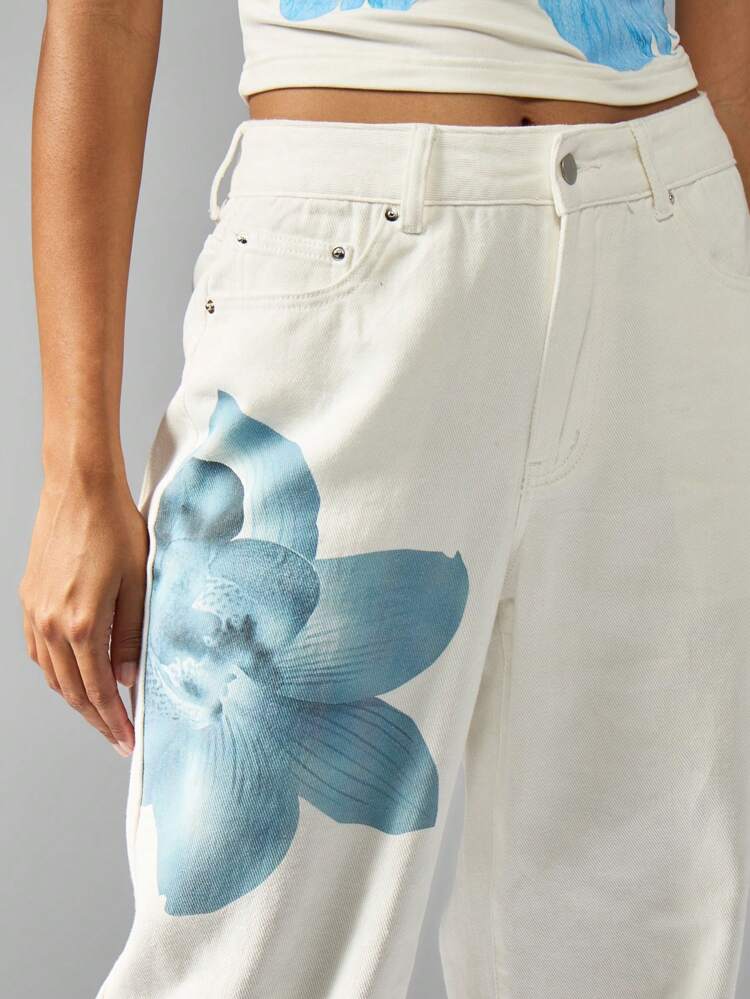 MISSGUIDED High Rise Printed Wide Leg Jeans Floral Watercolor Design Baggy Denim Spring Summer Festival Casual Street Style Statement Pants