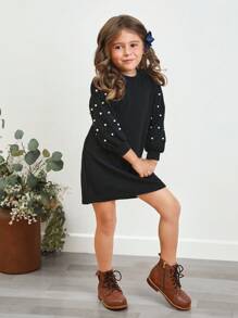 SHEIN Abito con maniche a lanterna, girocollo lavorato a maglia, decorato con perle finte, adatto a ragazze giovani