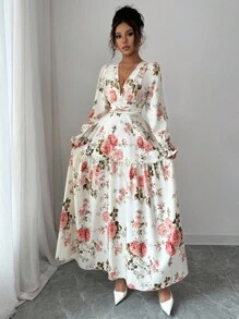 Elenzga 女式碎花灯笼袖中长连衣裙，浪漫法式设计，褶皱下摆，收腰，修身性感 V 领，适合约会、派对，可与夹克叠穿 - 彩色 - 查看 4