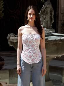 ÉTHER D'OR Elegant Solid Color Jacquard Camisole Top, Summer - Pink - View 4