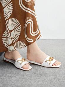 CUCCOO BIZCHIC Women's Square Toe Flat Elegant Casual Minimalist Comfortable Slip-On Work Commute Classy Apricot PU Leather Ladies Sandals, Suitable For Dates, Work Attire, And Formal Occasions - White - View 3