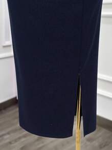 Modelyn 大码女式立领撞色蕾丝长袖开衩下摆优雅连衣裙 - 藏蓝色 - 查看 11