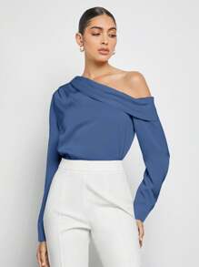 BizChic 女式不对称设计褶皱肩部垂坠宽松长袖缎面衬衫，都市通勤基本款简约优雅时尚商务休闲装，适合教师和办公室穿着