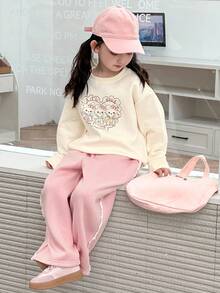 Dazy Kids 2pcs Young Girl Girls Crew Neck Thermal Lined Printed Sweatshirt And Pants Set, Fall