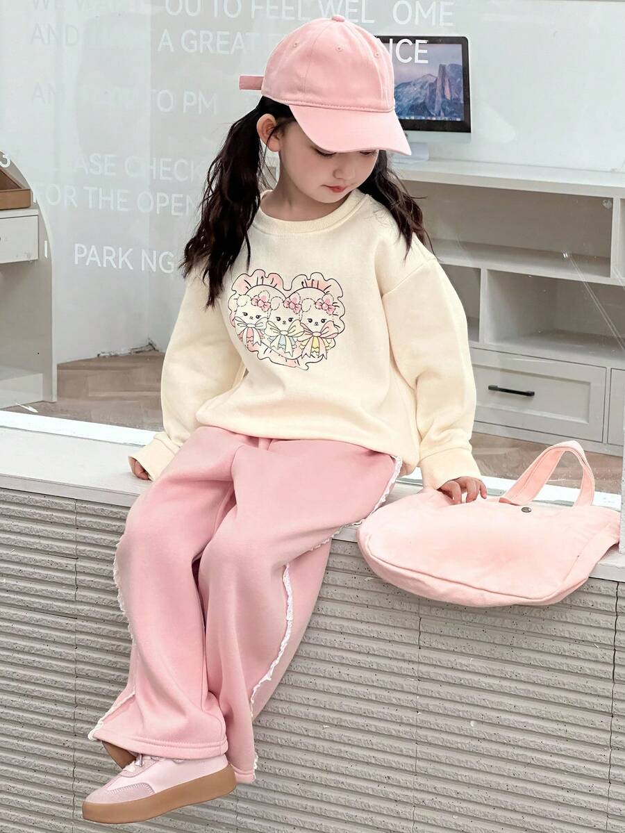 Dazy Kids 2pcs Young Girl Girls Crew Neck Thermal Lined Printed Sweatshirt And Pants Set, Fall