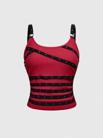 Grunge Punk Top sin mangas de tirantes de mujer de talla grande con escote pronunciado en V profundo, hebilla con tachuelas y brillantes, adecuado para verano, playa, graduación, Pascua, festivales de música, vacaciones