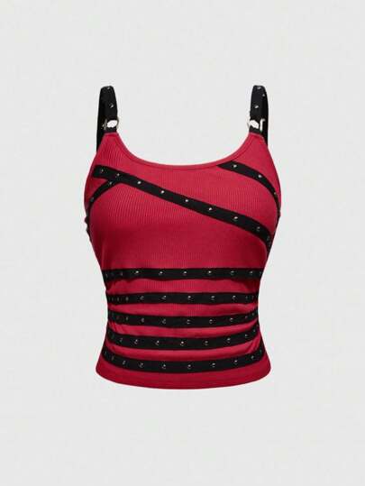 Grunge Punk Women's Plus Size Sleeveless Sexy Deep V-Neck Studded Rhinestones Belt Spaghetti Strap Black Tank Top, Suitable For Summer Beach, Graduation, Easter, Music Festival, Vacation