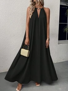 Hotletica Vestido largo de mujer de uso diario de unicolor, cuello halter acampanado, vestido maxi para vacaciones y playa - Negro - Ver 7