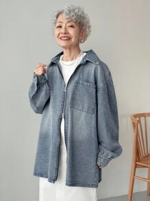FRIFUL 女式落肩长袖拉链前口袋宽松休闲牛仔夹克 - 藍色 - 查看 5