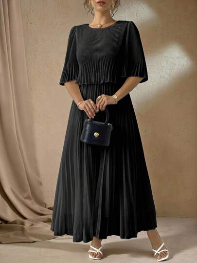 Roveilla 大码优雅纯色雪纺褶皱连衣裙，适合春夏季