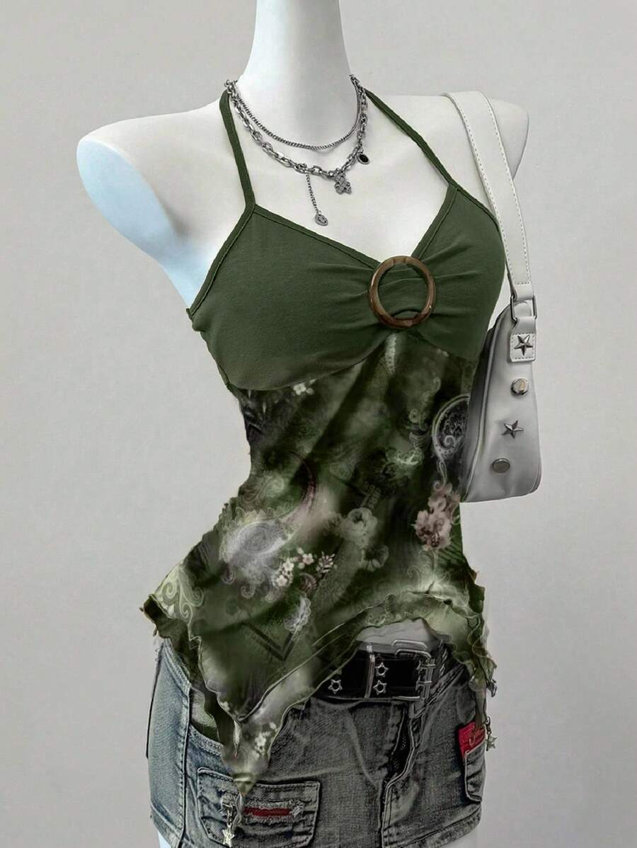 Muchica 休闲简约绿色复古印花图案女式背心，适合夏季 - 綠色 - 查看 1