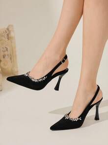CUCCOO CHICEST 女士尖头水钻装饰细高跟鞋，优雅奢华浪漫性感哥特式黑色绒面革一脚蹬高跟鞋，正式礼服，婚礼宾客，下午茶，约会之夜，派对，适合婚礼、庆典、万圣节、圣诞节、感恩节、生日 - 黑色 - 查看 5