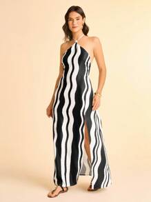 CAJUNI Women's Boho Style Vacation Casual Beach Abstract Stripe Print Halter Backless Maxi Dress - Multicolor - View 4
