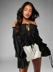 MISSGUIDED Off Shoulder Chiffon Ruffle Bodysuit Dramatic Bell Sleeves Boho Festival Bardot Neckline Special Occasion Evening Party Drawstring Bubble Hem Blouson Design