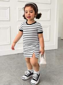 Baby Girl Casual Minimalist Comfortable Round Neck Hem Slit Dress - White - View 3