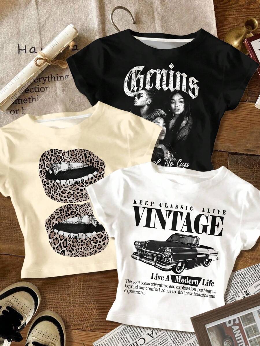 SHEIN Xe đua cổ điển, Họa tiết môi báo cổ điển, Thời trang đường phố, Mùa hè thư giãn, Cảm giác kỳ nghỉ, Bộ 3 món thoải mái, vừa vặn, tối giản, thoải mái cho bé gái tuổi teen, Áo phông dài tay cổ tròn màu vàng kem, trắng, đen, phù hợp cho mùa hè, Phong cách cổ điển, Phong cách kỳ nghỉ thường ngày, Phong cách, Dễ thương Y2K Cô gái dừa Kỳ nghỉ Boho Kỳ nghỉ xuân Sẵn sàng cho bữa nửa buổi Màu xanh nhạt Chuyến đi biển cho bé gái Phong cách neon Lễ hội âm nhạc Bohemian Hippie Đồ họa Áo phông cho bé gái Quần áo cho bé gái tuổi teen Áo phông cho bé gái tuổi teen Áo phông cổ điển cho bé gái - Nhiều màu - Xem 1