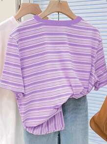 SHEIN Plus Size Women's Striped Heart Embroidery Short Sleeve T-Shirt - Mauve Purple - View 2