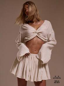 MUSERA V Plunge Ruched Front Top Elasticated Floaty Skirt Coord Summer Ibiza Fits Holiday Vacation Sexy Beach Romantic Elegant Occasion Birthday Boho - Beige - View 1