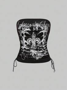 ROMWE 3 chiếc áo hai dây ngắn in khẩu hiệu Y2K Babe đính đá và chữ thập anh đào có dây rút ở eo - Nhiều màu - Xem 7