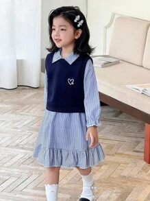 Genkimix Kids 2pcs/Set Young Girl Casual Long Sleeve Striped Dress And Heart Print Vest Outfit Chic Outfits For Autumn/Winter - Royal Blue - View 7