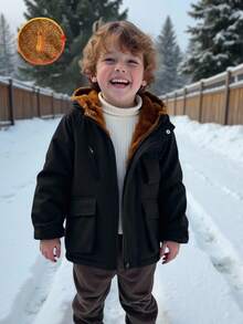 SHEIN 4-7 Years Old Boys Black Hooded Fleece Jacket, Suitable For Autumn, Spring And Winter - Black - View 3