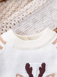 SHEIN 男婴针织毛衣，长袖连体裤，鹿提花图案，条纹拼色设计，休闲时尚，适合秋冬季日常穿着、居家、户外、旅行 - 彩色 - 查看 3