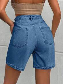 EURMUSE 100%Cotton LIGHT WASH HIGH WAIST SHORT - Blue - View 2