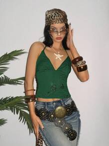 EgrlEra Áo hở lưng cổ chữ V in hoa thêu hạt gợi cảm cho nữ - màu xanh lá - Xem 4